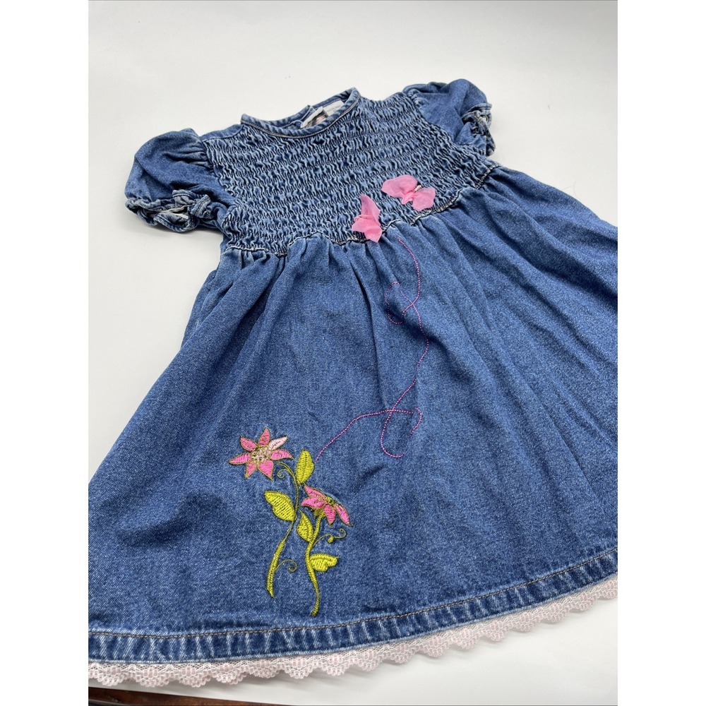 Vintage Sweet Heart Rose denin jean Dress Sz 3 T Floral Butterfly‎ Cap Sleeve